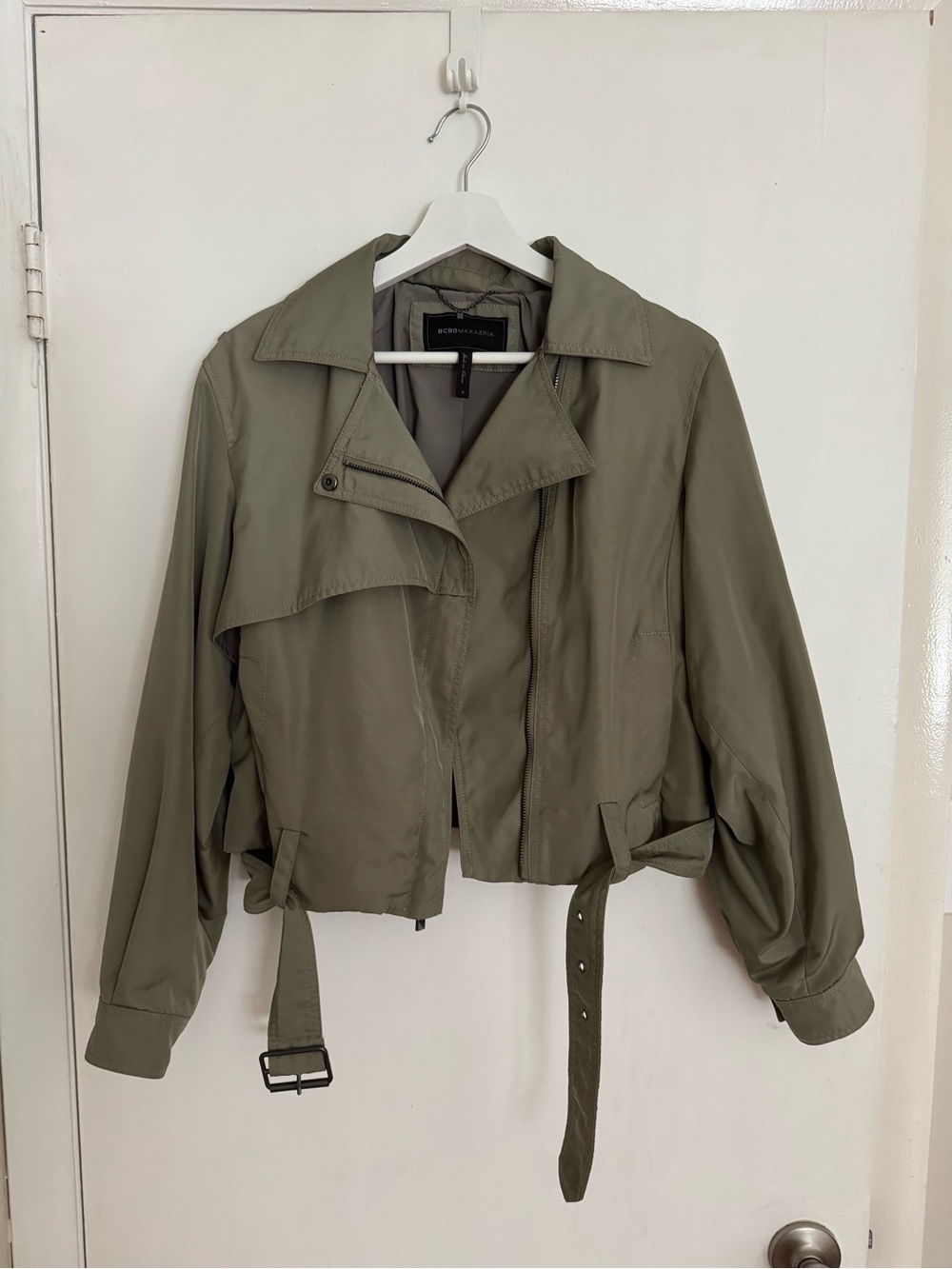 BCBGMaxAzria Olive Green Cropped Belted Utility Jacket